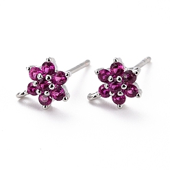 Cerise Brass Micro Pave Cubic Zirconia Stud Earrings Findings, Cadmium Free & Lead Free, Flower with Loop, Platinum, Cerise, 9.5x6.5x3mm, Hole: 0.8mm, Pin: 0.9mm