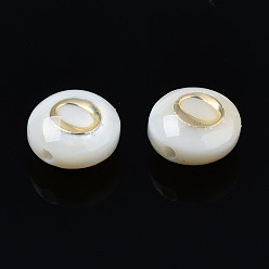Letter O Perles de coquillages naturels d'eau douce, avec ornements en métal gravé en laiton doré, plat rond avec la lettre, couleur de coquillage, letter.o, 6x4mm, Trou: 0.8mm