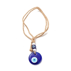 Bleu Foncé Décorations de pendentif au chalumeau mauvais œil faites à la main, avec cordon de jute, plat rond, bleu foncé, 225mm