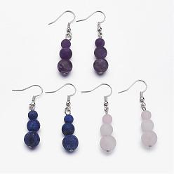 Mixed Color Natural Gemstone Beads Dangle Earrings, with Platinum Tone Brass Earring Hooks, Mixed Color, 47mm, pin: 0.6mm