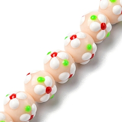 Misty Rose Handmade Lampwork Beads Strands, with Enamel, Round with Flower, Misty Rose, 11x9.5mm, Hole: 1.4mm, about 36pcs/strand, 13.58''(34.5cm)