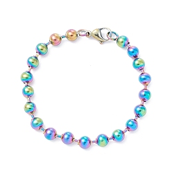 Rainbow Color Ion Plating(IP) 304 Stainless Steel Ball Chain Bracelets, with Lobster Claw Clasps, for Women, Rainbow Color, 7-1/2 inch(19cm)
