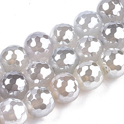 Creamy White Electroplate Natural Agate Beads Strands, Dyed, Faceted, Pearl Luster Plated, Round, Creamy White, 10.5mm, Hole: 1.2mm, about 36~37pcs/strand, 14.37 inch~14.57 inch(36.5cm~37cm)