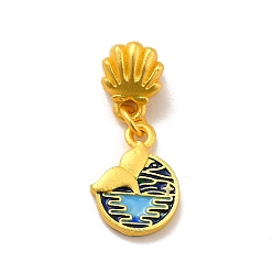 Deep Sky Blue Rack Plating Alloy Enamel European Dangle Charm, Large Hole Pendant, Cadmium Free & Lead Free, Flat Round with Whale Tail, Matte Gold Color, Deep Sky Blue, 24.5mm, Pendant: 14.5x10.5x3mm, Hole: 4mm