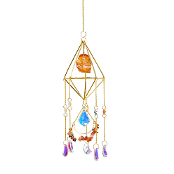 Carnelian Golden Iron Wind Chime, with Natural Carnelian, Crystal, for Outside Yard and Garden Decoration, 450mm, Hole: 11mm