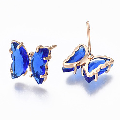 Royal Blue Cubic Zirconia Butterfly Stud Earrings with Glass, Brass Jewelry for Women, Long-Lasting Plated, Light Gold, Royal Blue, 10x11.5mm, Pin: 0.7mm