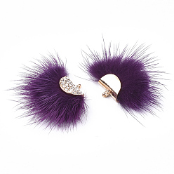 Púrpura Decoraciones colgantes de borla de piel de visón falso, con fornituras de diamantes de imitación y de aleación, ventilador, dorado, púrpura, 24~28x29~34x8 mm, agujero: 1.5 mm