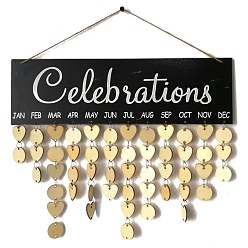 Black Reminder Calendar with Tags MDF Wooden Hanging Sign Wall Ornament Pendant, Rectangle with Word Celebration and Dangle Tassel, for Party Home Decorations, Black, 400x120x4mm