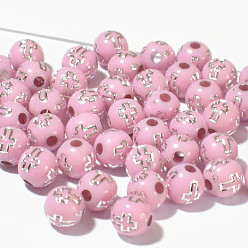 Pearl Pink Plating Acrylic Beads, Round with Cross, Pearl Pink, 8mm, 1800pcs/bag