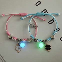 Clover 2Pcs 2 Color Luminous Beads & Alloy Enamel Charms Bracelets Set, Glow In The Dark Magnetic Charms Couple Bracleets for Best Friends Lovers, Clover Pattern, 5-7/8~11-3/4 inch(15~30cm), 1Pc/color