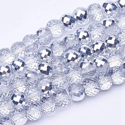 Silver Plated Electroplate Transparent Glass Beads Strands, Faceted, Drum, Silver Plated, 8x6mm, Hole: 1mm, about 40pcs/strand, 9.4 inch