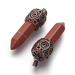 Red Jasper Natural Red Jasper Pointed Pendants, with Brass Findings, Bullet, Red Copper, 42~46x15~16mm, Hole: 5x7mm