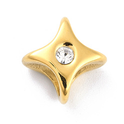 Oro Chapado iónico (ip) 304 amuletos deslizantes de acero inoxidable, con diamantes de imitación de cristal, 4 estrella puntiaguda, dorado, 10.5x10.5x8.5 mm, agujero: 5.5 mm