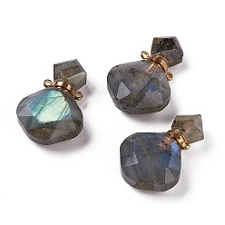 Labradorite Rhombus Natural Labradorite Perfume Bottle Pendants, with 304 Stainless Steel Findings, Faceted, Golden, 26~27x17~17.5x8~8.5mm, Hole: 1.4mm, Capacity: about 2ml(0.06 fl. oz)