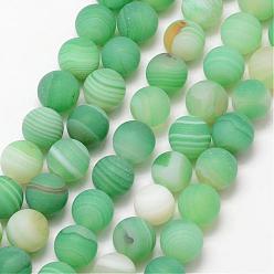 Medium Aquamarine Natural Striped Agate/Banded Agate Bead Strands, Round, Grade A, Frosted, Dyed & Heated, Medium Aquamarine, 8mm, Hole: 1mm, about 47pcs/strand, 15 inch