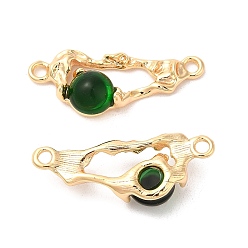 Dark Green Brass Connector Charms, Oval Links with Glass, Real 18K Gold Plated, Dark Green, 12x31x6mm, Hole: 2mm