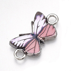 Pink Printed Alloy Connector Charms, with Enamel, Butterfly Link, Cadmium Free & Lead Free, Platinum, Pink, 12x23x2mm, Hole: 2.5mm