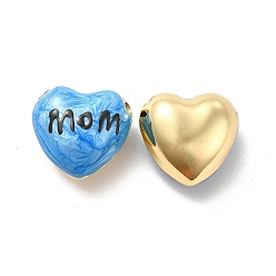 Deep Sky Blue Brass Enamel Beads, Real 18K Gold Plated, Long-Lasting Plated, Heart with Word Mom, Deep Sky Blue, 17.5x18x10mm, Hole: 2mm
