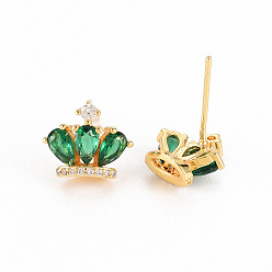 Real 18K Gold Plated Brass Micro Pave Cubic Zirconia Stud Earrings, Nickel Free, Crown, Green, Real 18K Gold Plated, 9.5x11.5mm, Pin: 0.8mm