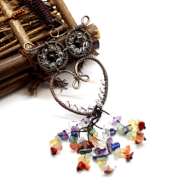 Quartz Crystal Quartz Crystal Owl Pendant Decorations, Colorful Gemstone Chip Beaded Tassel Hanging Ornament, with Metal Frame, 180mm