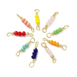 Mixed Color 3 Faceted Glass Beads Connector Charms, Rondelle Links with Rack Plating Brass Wire Double Loops, Lead Free & Cadmium Free, Real 18K Gold Plated, Long-Lasting Plated, Mixed Color, 14.5x2.5mm, Hole: 1.6mm