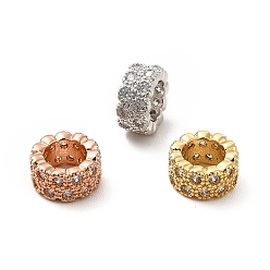 Mixed Color Rack Plating Brass Micro Pave Cubic Zirconia European Beads, Large Hole Beads, Long-Lasting Plated, Cadmium Free & Lead Free, Flat Round, Mixed Color, 8x4mm, Hole: 4.9mm