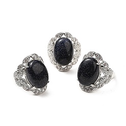 Blue Goldstone Synthetic Blue Goldstone Adjustable Rings, Platinum Tone Oval Brass Rings for Women, Cadmium Free & Lead Free, US Size 7 3/4(17.9mm), 3.5~5mm