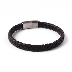 Stainless Steel Color Leather Braided Cord Bracelets, with 304 Stainless Steel Magnetic Clasps, Stainless Steel Color, 215x8x5mm