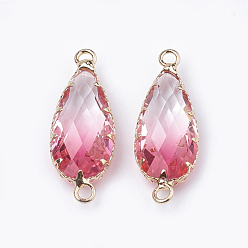 Hot Pink K9 Glass Links connectors, Imitation Tourmaline, with Golden Tone Brass Findings, Faceted, teardrop, Hot Pink, 28x10.5x6mm, Hole: 2mm