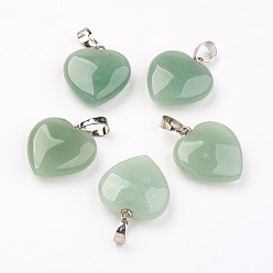 Green Aventurine Natural Green Aventurine Pendants, Heart, with Brass Findings, Platinum, 22~23x19.5~20.5x6~7.5mm, Hole: 5x7~8mm
