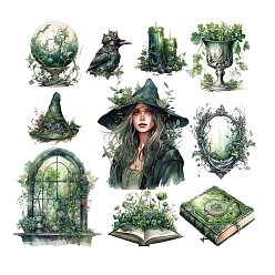 Green 20Pcs 10 Styles Witch Theme PET Self Adhesive Decorative Stickers, Waterproof Gothic Decals, for DIY Scrapbooking, Green, Packing: 130x90mm, 2pcs/style