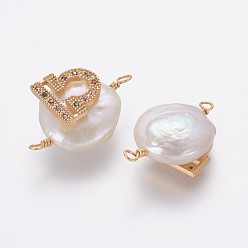 Balance Connecteurs de liens de perles naturelles, avec accessoires zircon cubique micro pave en laiton, plat rond avec constellation, or, colorées, libra, 20~26x9~17x5~11mm, Trou: 1.6mm