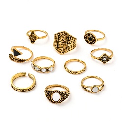Antique Golden Zinc Alloy Finger Rings Sets, for Women, Rhombus & Triangle & Arrow & Flat Round & Feather, Antique Golden, 1.5~20mm, Inner Diameter: 14.7~18.1mm, 10pcs/set