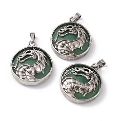 Green Aventurine Natural Green Aventurine Pendants, Flat Round Charms with Rack Plating Antique Silver Tone Brass Dragon, Cadmium Free & Lead Free, 32x28x7.5mm, Hole: 8.5x5mm