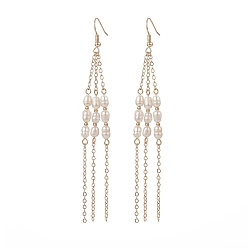 Golden Natural Pearl Beaded Tassel Dangle Earrings, Brass Long Chain Drop Earrings for Women, Golden, 102mm, Pin: 0.7mm