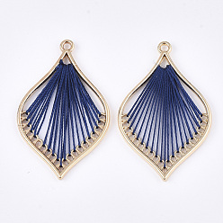Marine Blue Cotton Thread Woven Pendants, with Alloy Findings, Leaf, Golden, Marine Blue, 43x26.5x2mm, Hole: 1.8mm