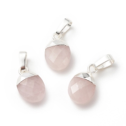 Rose Quartz Natural Rose Quartz Charms, with Silver Tone Brass Findings, Faceted, Cadmium Free & Lead Free, Oval, 14x8x5mm, Hole: 6x4mm