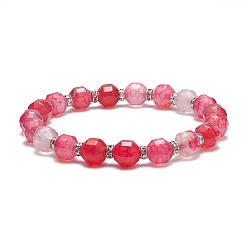 Deep Pink Dyed Natural Agate Beaded Stretch Bracelet, Brass Rhinestone Jewelry for Women, Deep Pink, Inner Diameter: 2-1/2~2-5/8 inch(6.5~6.7cm)