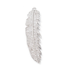 Platinum Rack Plating Brass Micro Pave Clear Cubic Zirconia Big Pendants, Feather Charms, Long-Lasting Plated, Cadmium Free & Lead Free, Platinum, 51x13x2.5mm, Hole: 1.8mm