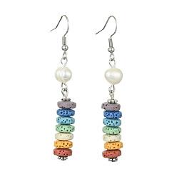 Colorful Natural Pearl & Dyed Lava Rock Disc Beaded Dangle Earrings, Colorful, 61x8mm