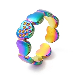 Rainbow Color Placage ionique (ip) 201 paramètres de strass en anneau de manchette ouvert en acier inoxydable, bague coeur pour femme, couleur arc en ciel, taille us 6 1/2 (17 mm), 6~7mm, s'adapter pour 0.8 mm strass