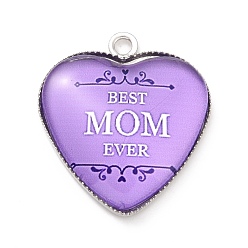 Lilac Mother's Day Alloy Pendants, with Glass, Platinum, Heart Charm with Word Mom, Lilac, 23x20.5x4mm, Hole: 2mm