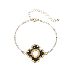 Noir Bracelet à maillons de fleurs en perles de verre avec chaînes en acier inoxydable doré, noir, 6-3/4 pouce (17 cm)