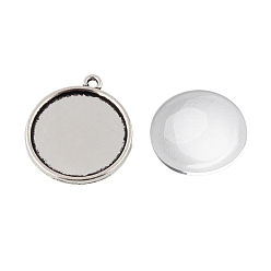 Antique Silver Pendant Making Sets, with Alloy Pendant Cabochon Settings and Glass Cabochons, Flat Round, Antique Silver, Tray: 18mm, 24x21x2mm, Hole: 1mm, 17.5~18x5mm