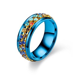 Blue Colorful Rinestone Rotating Finger Ring, Titanium Steel Fidget Spinner Ring for Calming Worry Meditation, Blue, US Size 10(19.8mm)