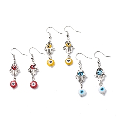 Mixed Color 3 Pairs 3 Colors Evil Eye Lampwork Dangle Earring, Alloy Hamsa Hand Earring Jewelry for Women, Mixed Color, 50.5mm, Pin: 0.7mm, 1 pair/color