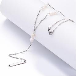 White 304 Stainless Steel Pendant Necklaces, Rectangle, with Freshwater Pearl Beads and 316 Surgical Stainless Steel Cable Chains, White, 16.73 inch(42.5cm)
