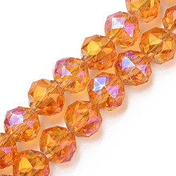 Dark Orange Electroplate Transparent Glass Beads Strands, Faceted, Round, Dark Orange, 10x8.5mm, Hole: 1.2mm, about 60pcs/strand, 20.47 inch(52cm)