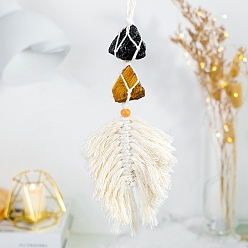 Tiger Eye Cotton Macrame Pouch Feather Shape Pendant Decorations, with Natural Tiger Eye & Black Tourmaline Nuggets, 400~450mm