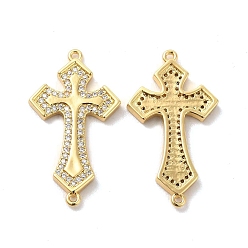 Golden Brass Micro Pave Clear Cubic Zirconia Connetor Charms, Religion Cross Links, Golden, 30x16.5x2.5mm, Hole: 1.5mm
